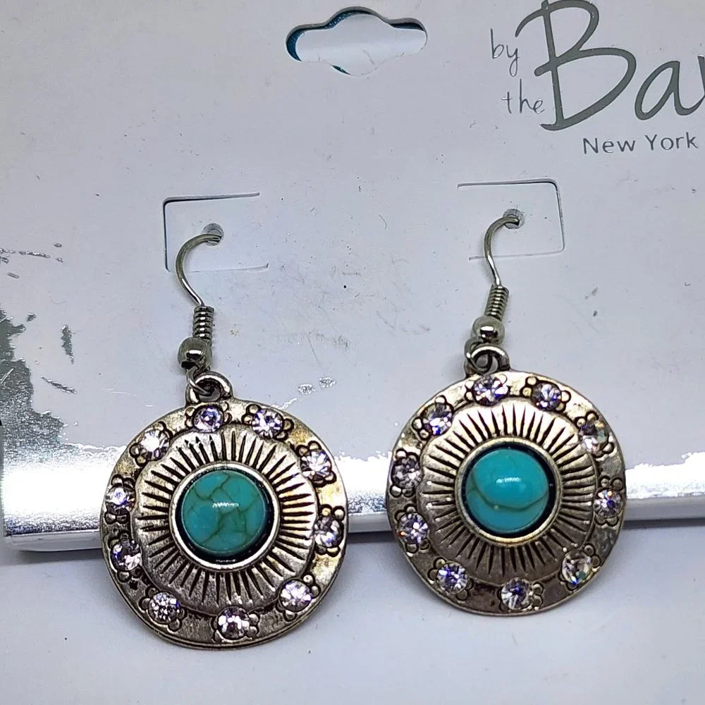 By the Bay NY Southwest Tribal Round Dangle Rhinestone Turquoise Earrings
